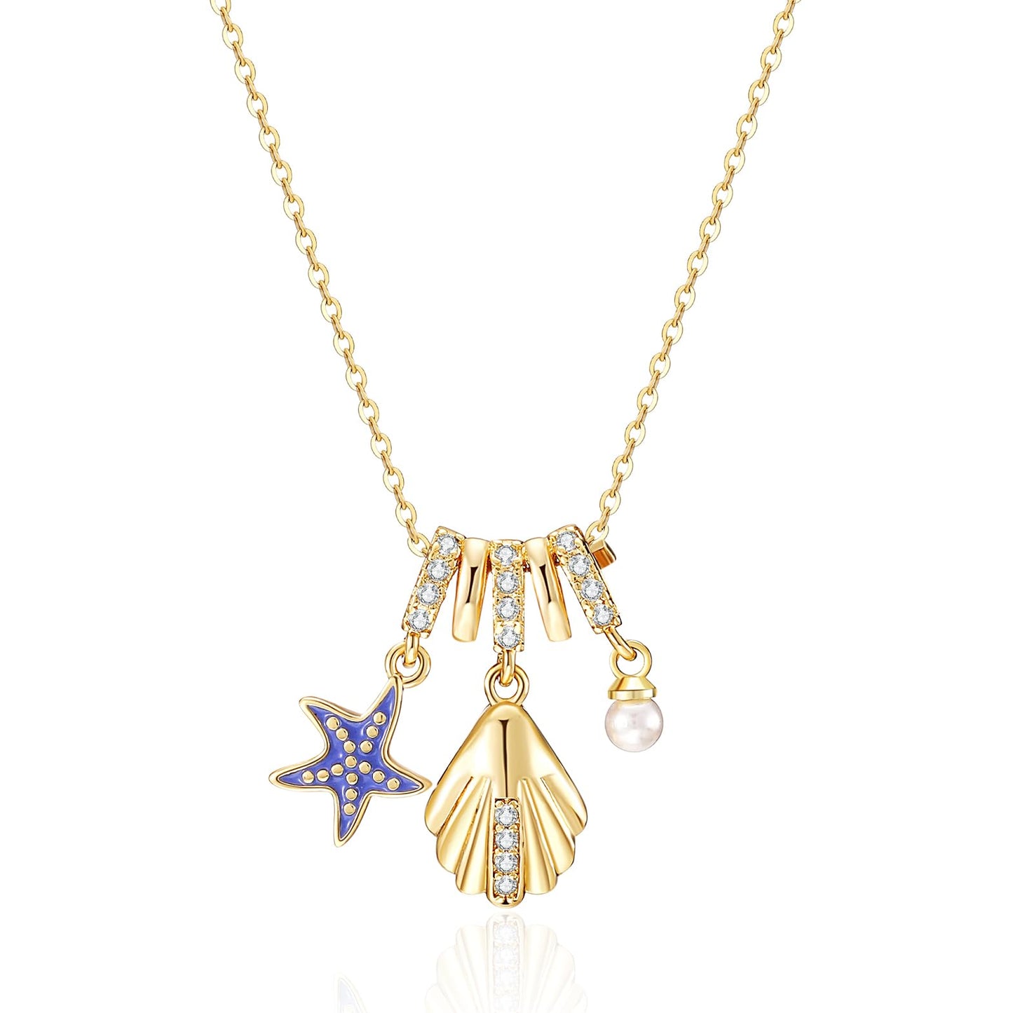 Blue Enamel Starfish And CZ Seashell Necklace For Women-Gold Plated Pearl Multi-Pendant Beachy Jewelry For Valentines Day Mother's Day Christmas Birthday Gifts