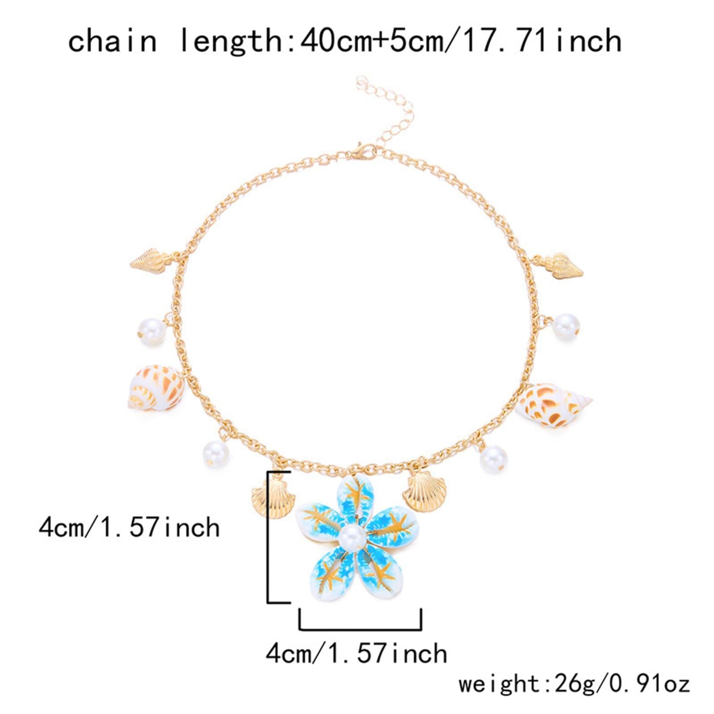 Seashell Flower Charm Necklace for Women Gold Plated Bohemian Starfish Sea Shell Cowrie Conch Floral White Pearl Ball Pendant Necklace for Ocean Summer Coastal Beach Holiday Outfits Trendy Jewelry (Blue)