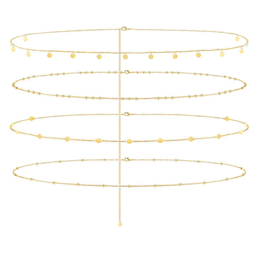 Jovivi 4 Pcs 18K Gold Plated Body Chains for Women,Adjustable Belly Chains for Waist,Multilayer Summer Beach Bikini Waist Beads Body Chains Jewelry for Women
