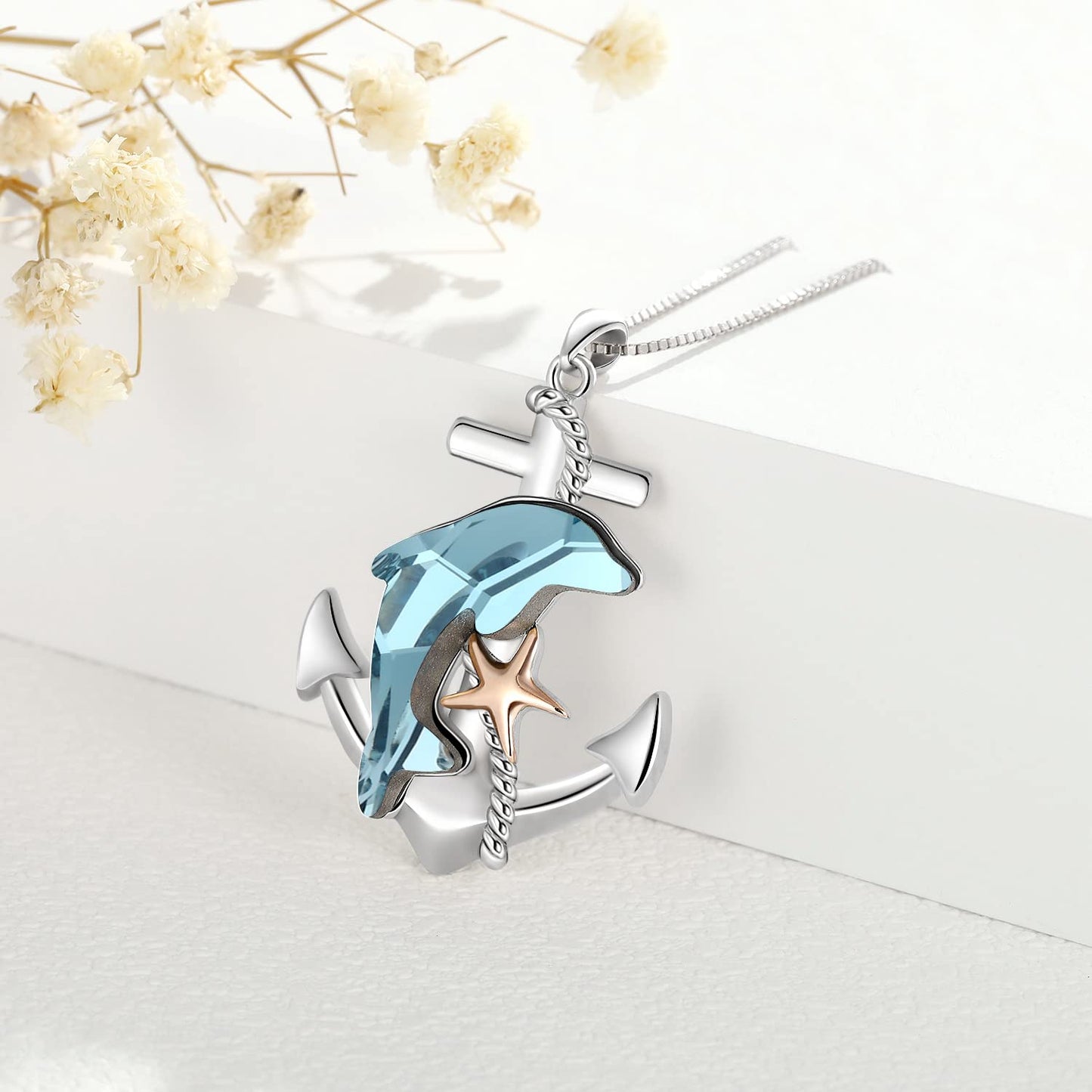 KoyeKei Dolphin Necklace Gifts for Women 925 Sterling Silver Anchor Dolphin Crystal Necklaces Nautical Ocean Pendant Beach Themed Jewelry Starfish Graduation Gifts for Daughter Best Friend Lover