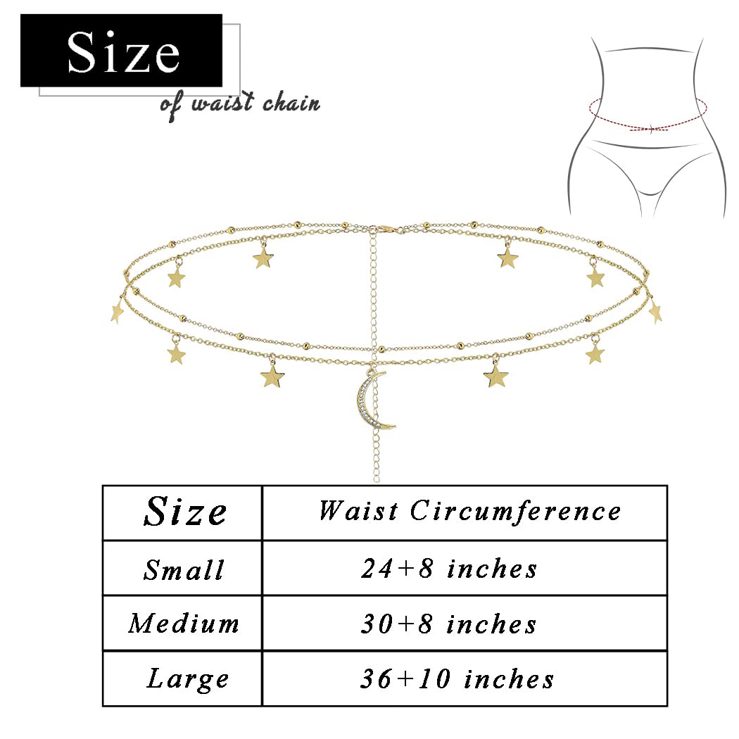 Wriidy Layered Moon Star Waist Chain Beads Gold Belly Chain Body Chains Jewelry Accessories for Women