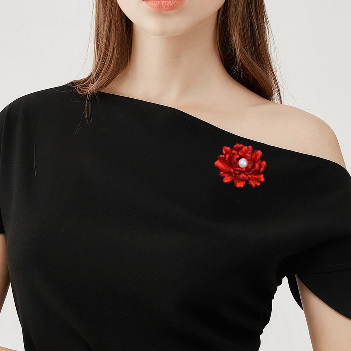 YYBONNIE Elegant Crystal Blooming Rose Flower Brooch Lapel Pin Breastpin for Women Birdal Cardigan Hat Scarf Suit Sweater Floral Pins (Red Pearl Peony Flower)