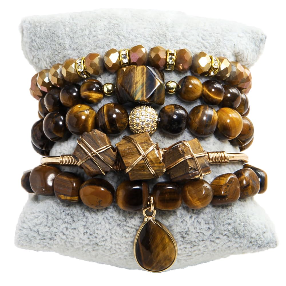 Yomisa Boho Beaded Bracelets/Bangle for Women,Multilayer Wrap 5PCS Healing Natural Tiger Eye Stone Bead Bracelets Handmade Stackable Friendship Stretch Beaded Bracelet Set Trendy Bohemian Jewelry Gift