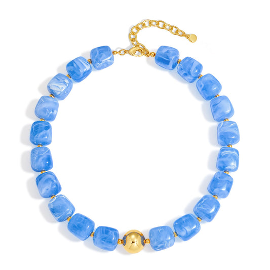 WOWORAMA Chunky Choker Necklaces for Women Sky Blue Large Square Resin Beads Necklace Trendy Statement Chunky Beaded Necklace Summer Holiday Jewelry