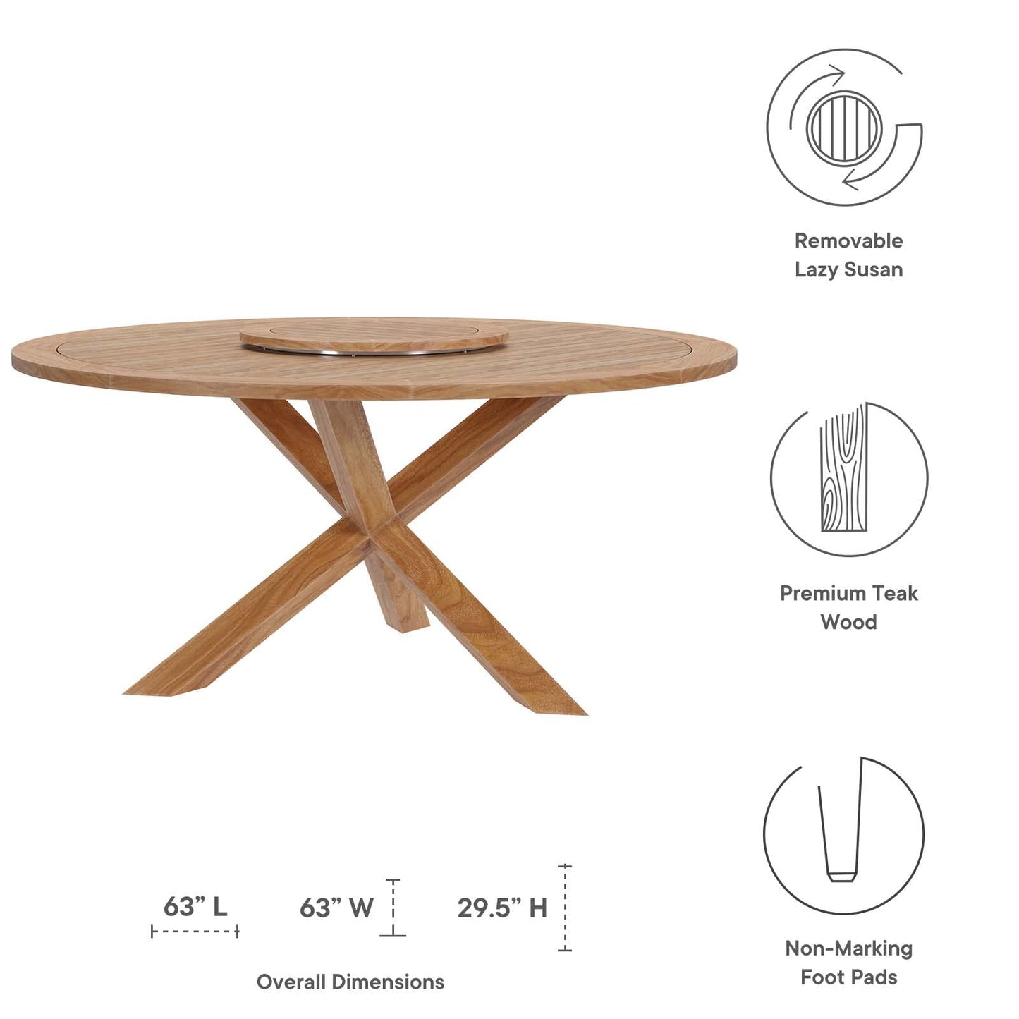 Modway Wellspring Outdoor Patio Round Teak Wood 63" Dining Table in Natural