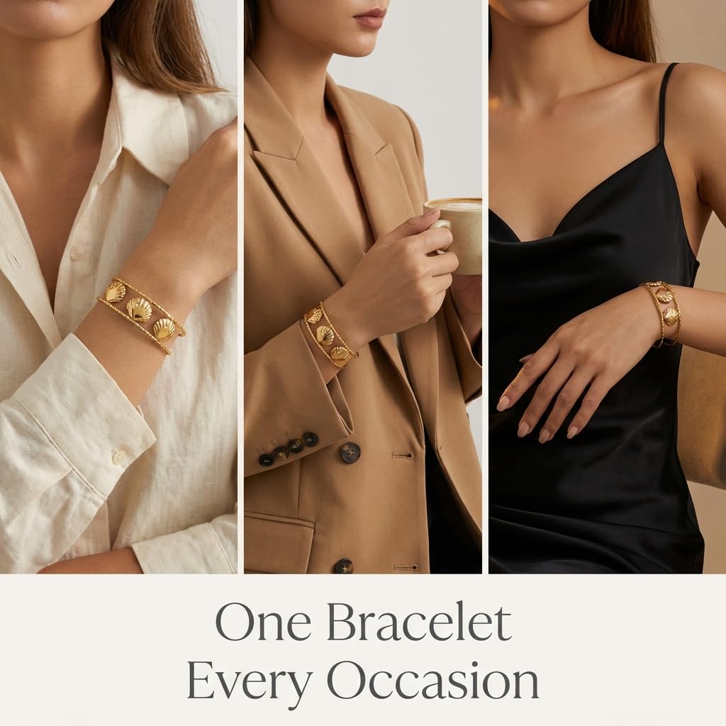 MystiGlimmer Starfish Bracelet with Luxury Gift Box 18K Gold Plated Stainless Steel, Adjustable Open Cuff, Waterproof & Hypoallergenic Jewelry Gift for Women (3Seashell)