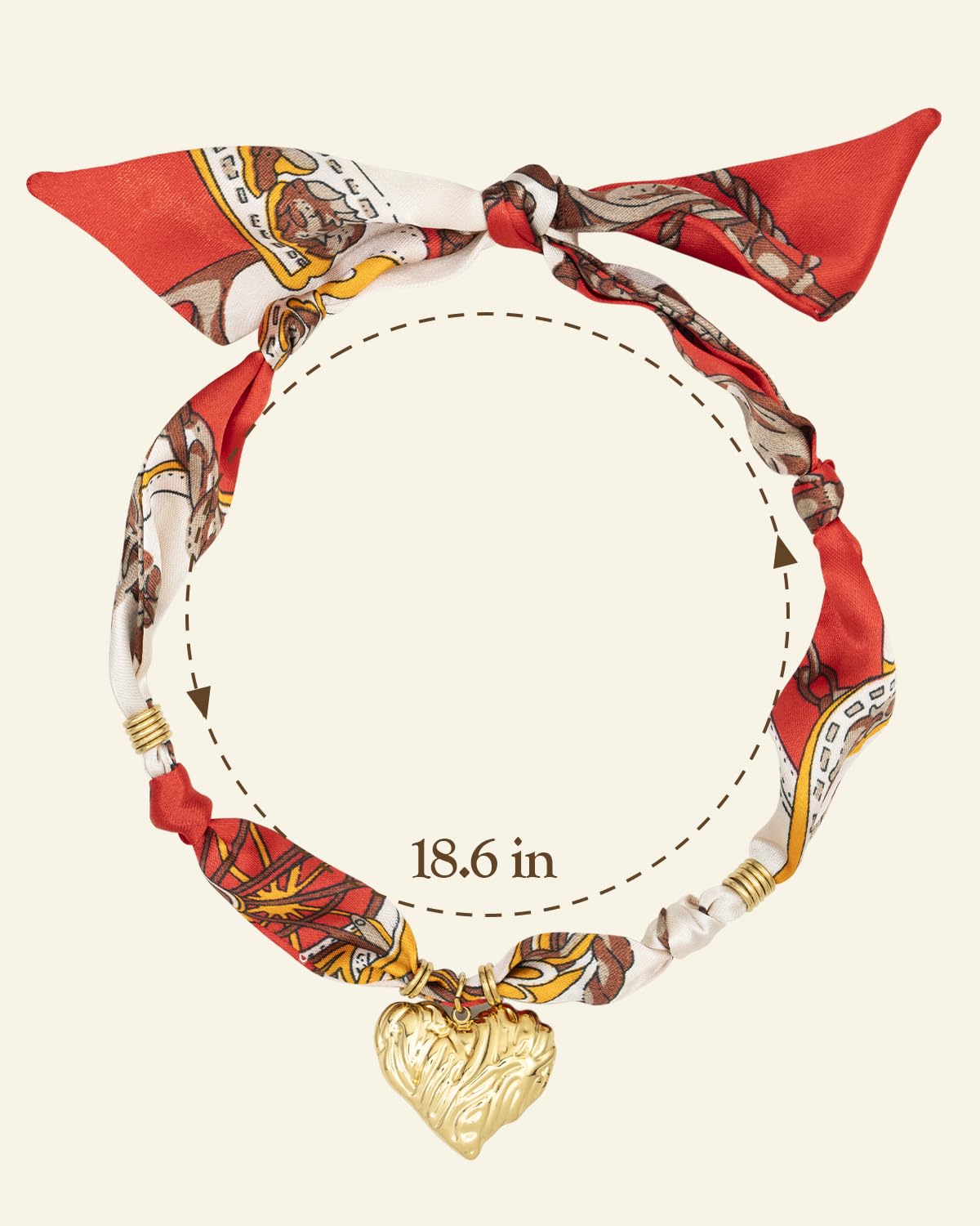 DoDoBeads Scarf Charm Necklace – Golden Heart – Red Vintage Scarf Necklace with Sculpted Stainless Steel Heart Pendant