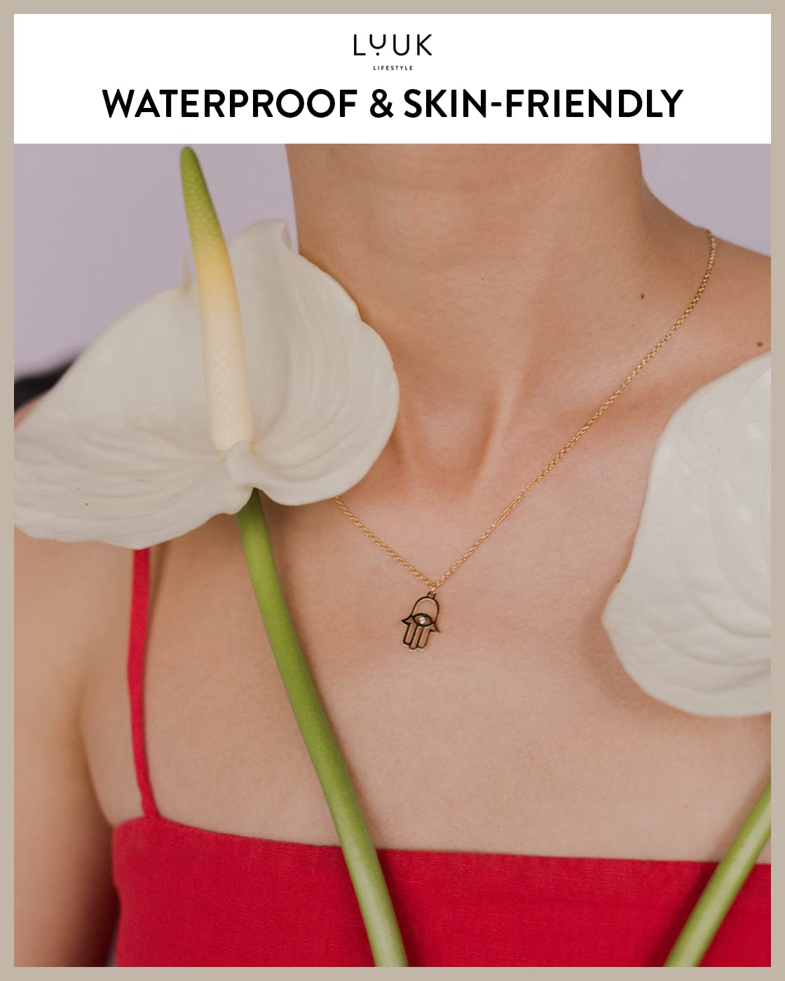 LUUK LIFESTYLE Necklace for women in stainless steel with pendant Hamsa Hand | Fatma and gift card HAPPINESS, chic and classy style, modern and minimalist fashion accessory for her, layer look, gold