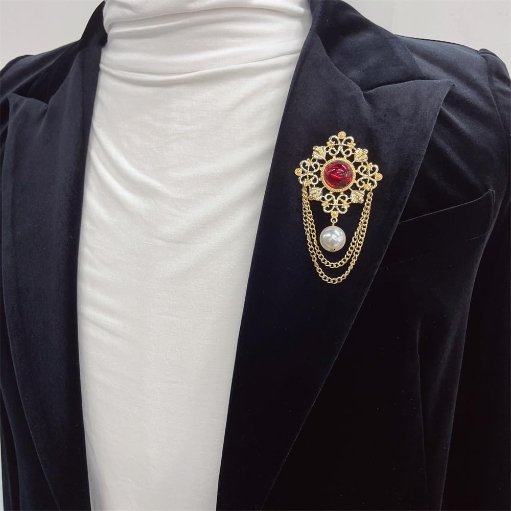 Vintage Round Simulated Pearl Filigree Flower Chain Tassel Brooches Lapel Pins for Women Girls Party Dance Banquet Dainty Boho Dangle Drop Pin Dress Suit Clothes Accessories Jewelry (Red)