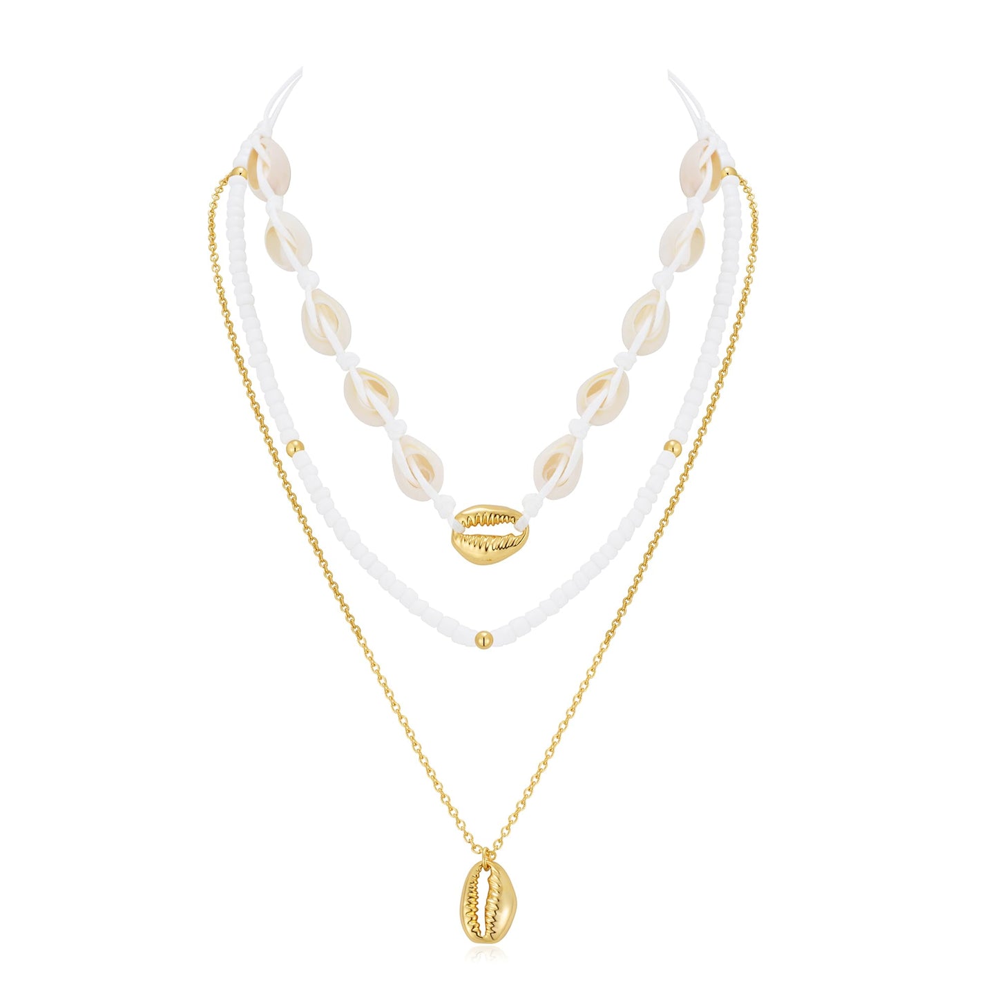 ENSKEFEN Sea Shell Necklaces for Women Three-layer Beach Boho White Shell Beaded Necklace Gold Necklace Summer Fashion Ocean Jewelry