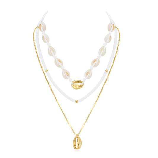 ENSKEFEN Sea Shell Necklaces for Women Three-layer Beach Boho White Shell Beaded Necklace Gold Necklace Summer Fashion Ocean Jewelry