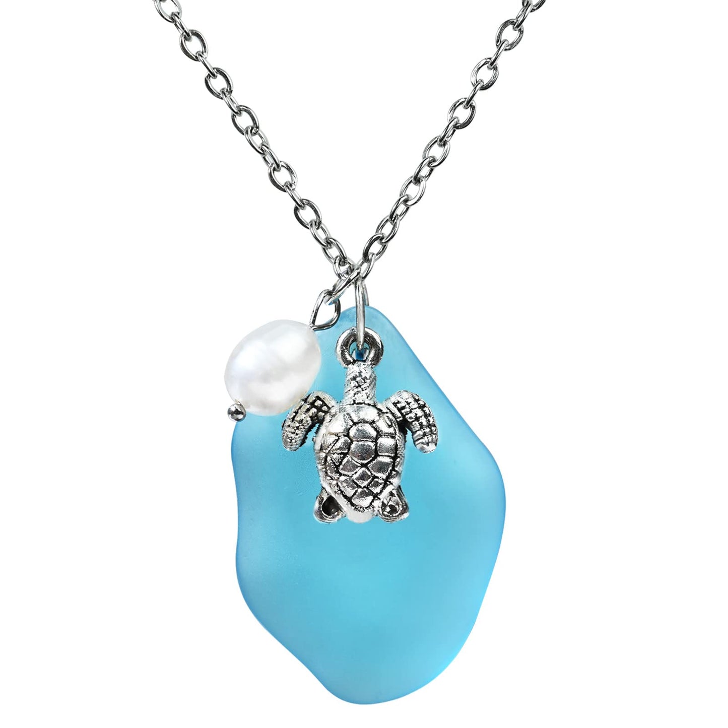 Sea Glass Necklace, Statement Beach Necklaces with Turtle Pendant, Freshwater Pearls, Sea Turtle Necklace, Handmade Necklaces Gift for Women Girls