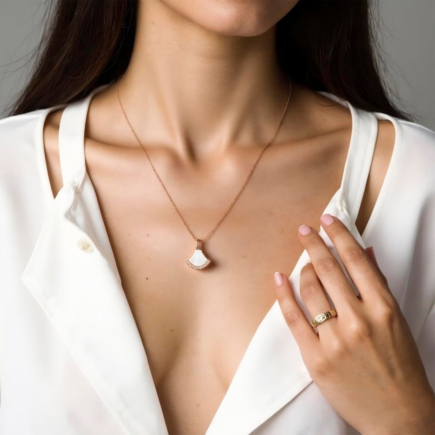 Tessalyn Fan Pendant Necklace for Women, 18k Real Gold Necklaces, Scallop with Delicate Cubic Zirconia Setting, 16-19 inches, Adjustable, Fashion Summer Jewelry Gift