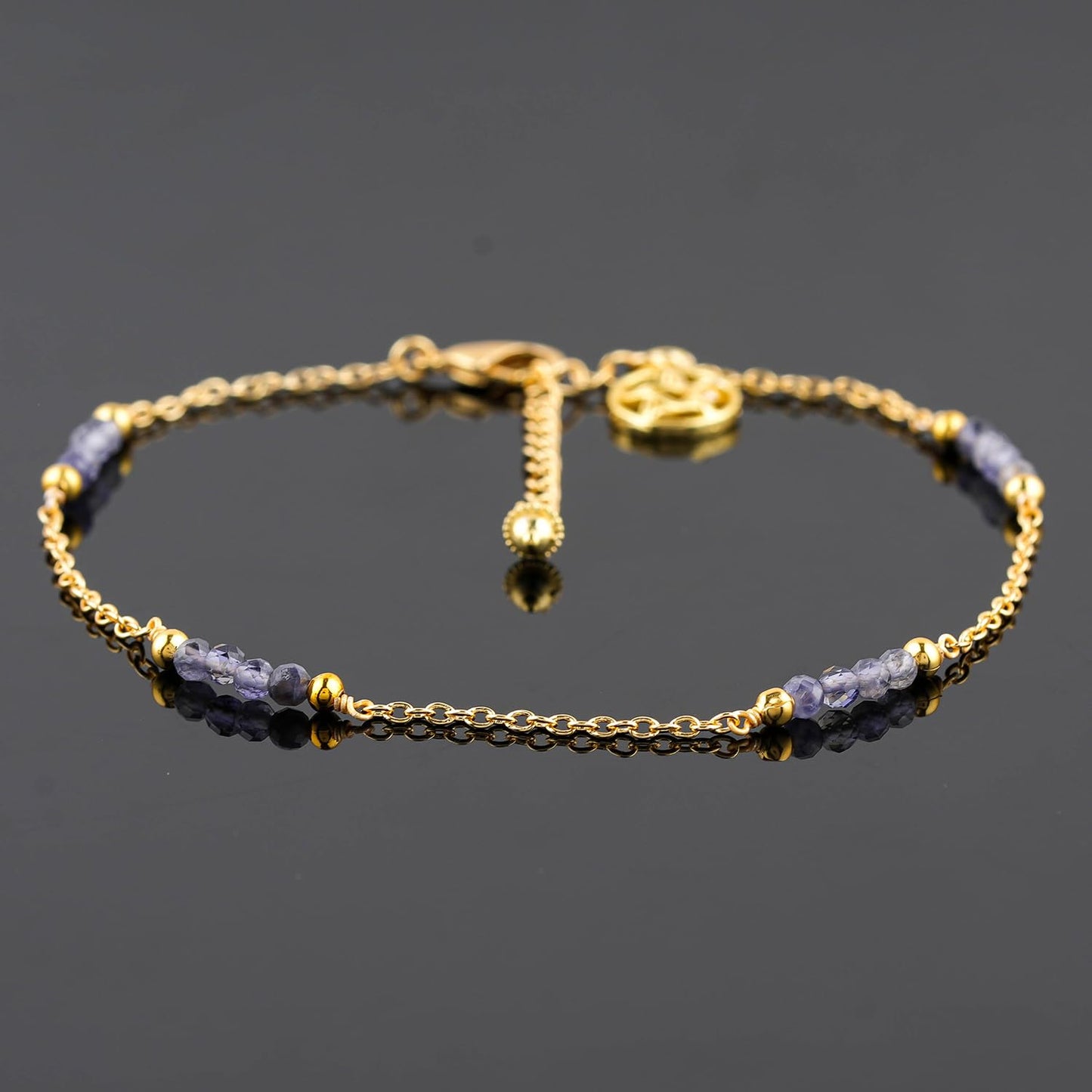 CRYSTALINES Natural Blue Iolite Gemstone Beads, Handmade Station Dangle Star Charms Anklet, 14K Gold Plated, Adjustable Fashion Boho Jewelry for Women, Healing Crystals, Christmas Gift
