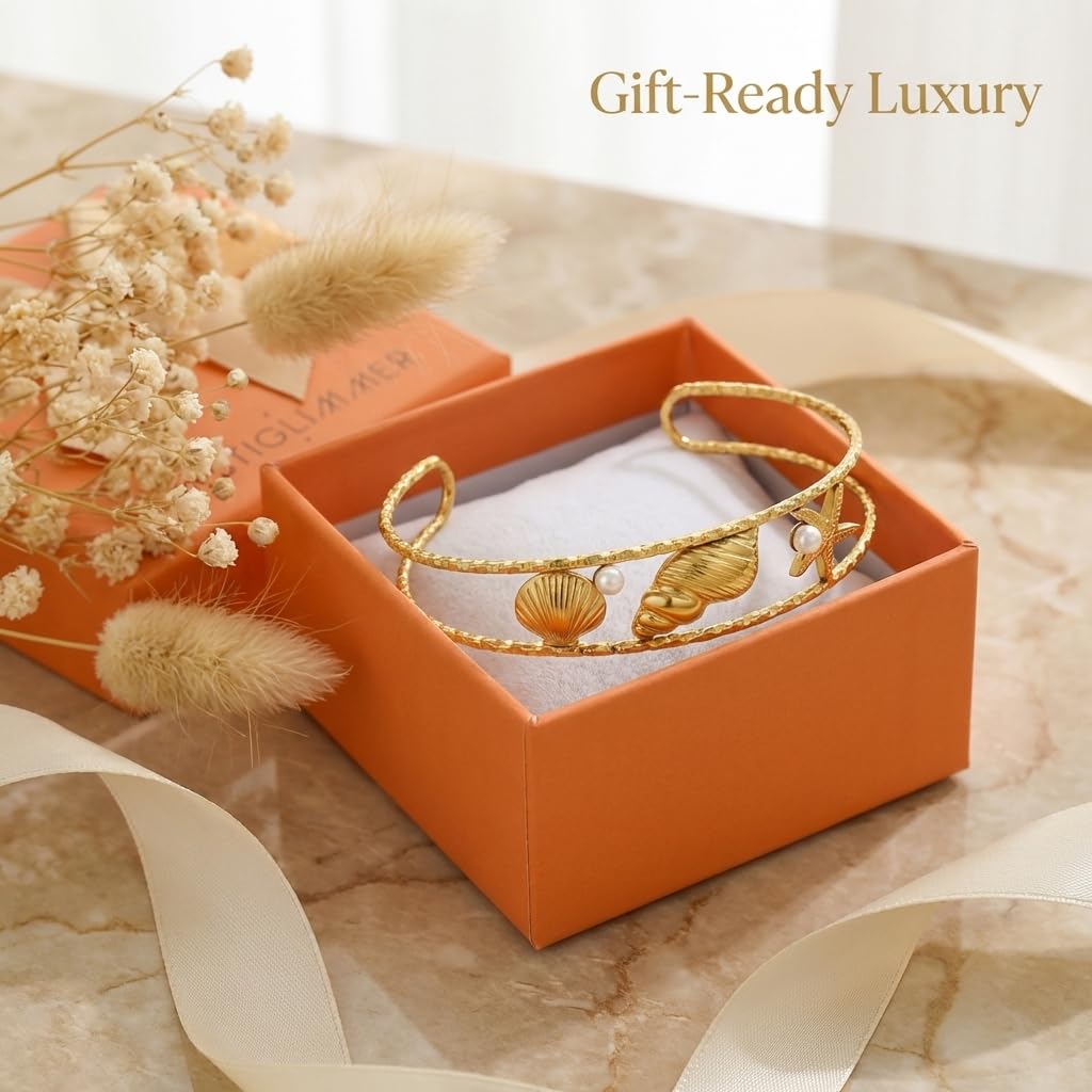 MystiGlimmer Starfish Bracelet with Luxury Gift Box 18K Gold Plated Stainless Steel, Adjustable Open Cuff, Waterproof & Hypoallergenic Jewelry Gift for Women (Seashell-Starfish1)