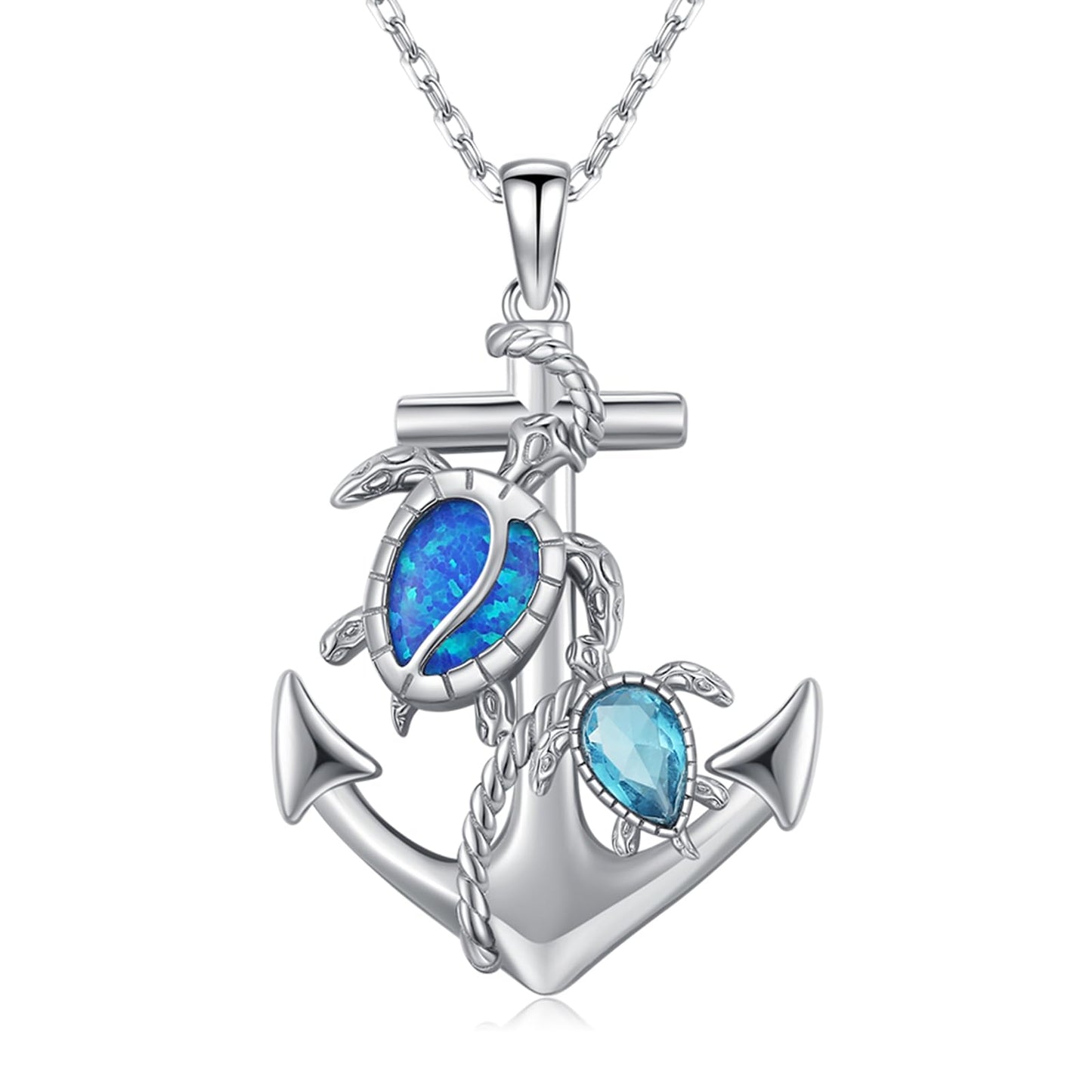 KoyeKei Sea Turtle Necklaces for Women 925 Sterling Silver Anchor Sea Turtle Necklaces Nautical Pendant with Blue Opal Ocean Beach Themed Jewelry Graduation Gifts for Girlfriend Her Lover