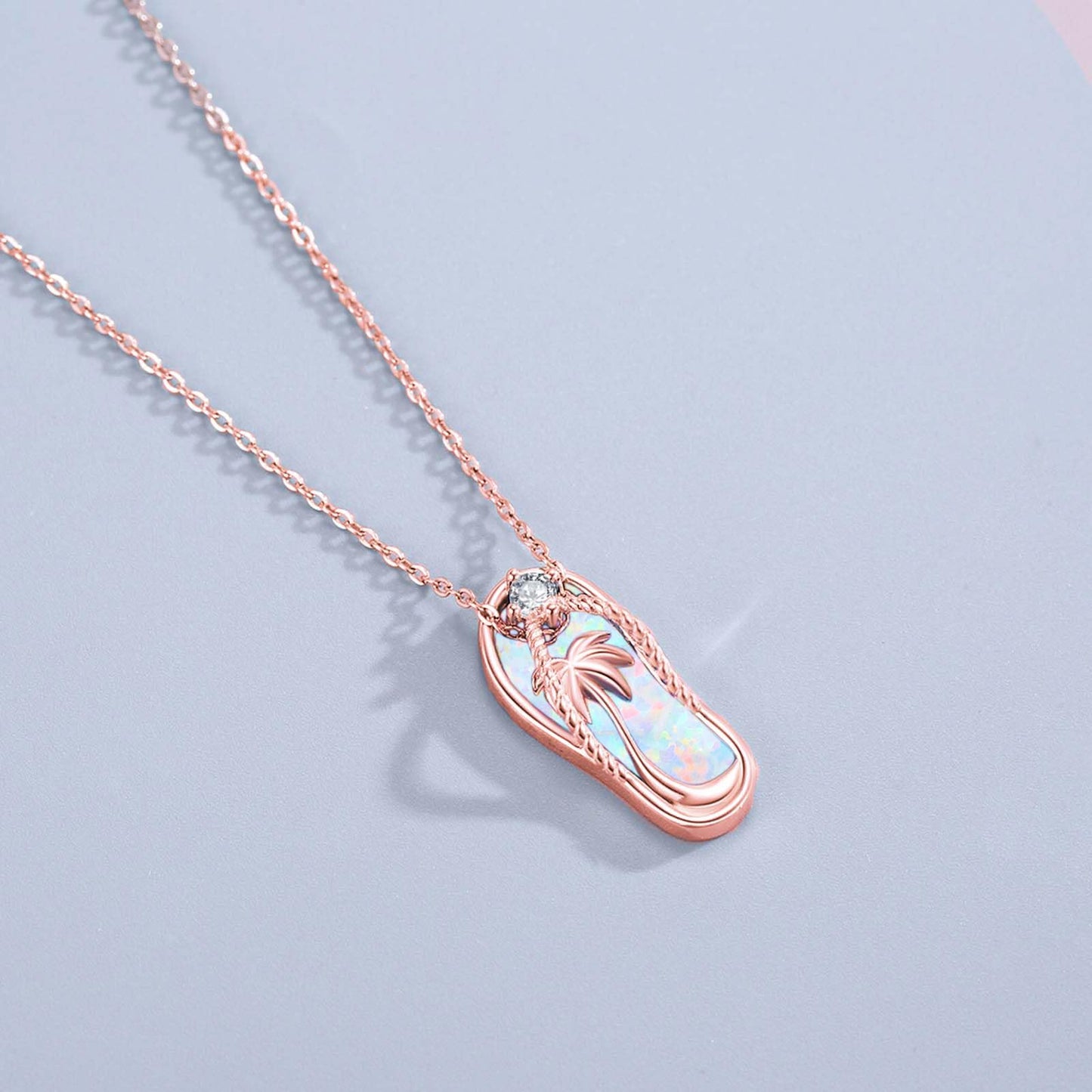 Midir&Etain Rose Gold Plated Flip Flop Necklace 925 Sterling Silver Palm Tree Hawaiian Pendant White Opal Suffer Sea Necklace Flip-Flop White Opal Jewelry for Women Prime