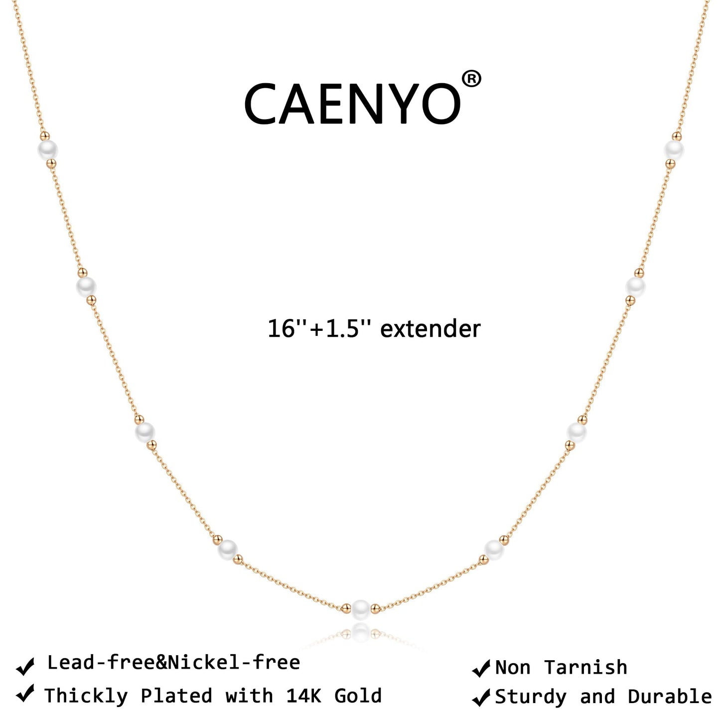 Caenyo Minimalist Beaded Pearl Necklace, Dainty Gold Choker for Women, Classic & Modern Jewelry for Wedding, Beach, Summer, Adjustable 14.5+2"