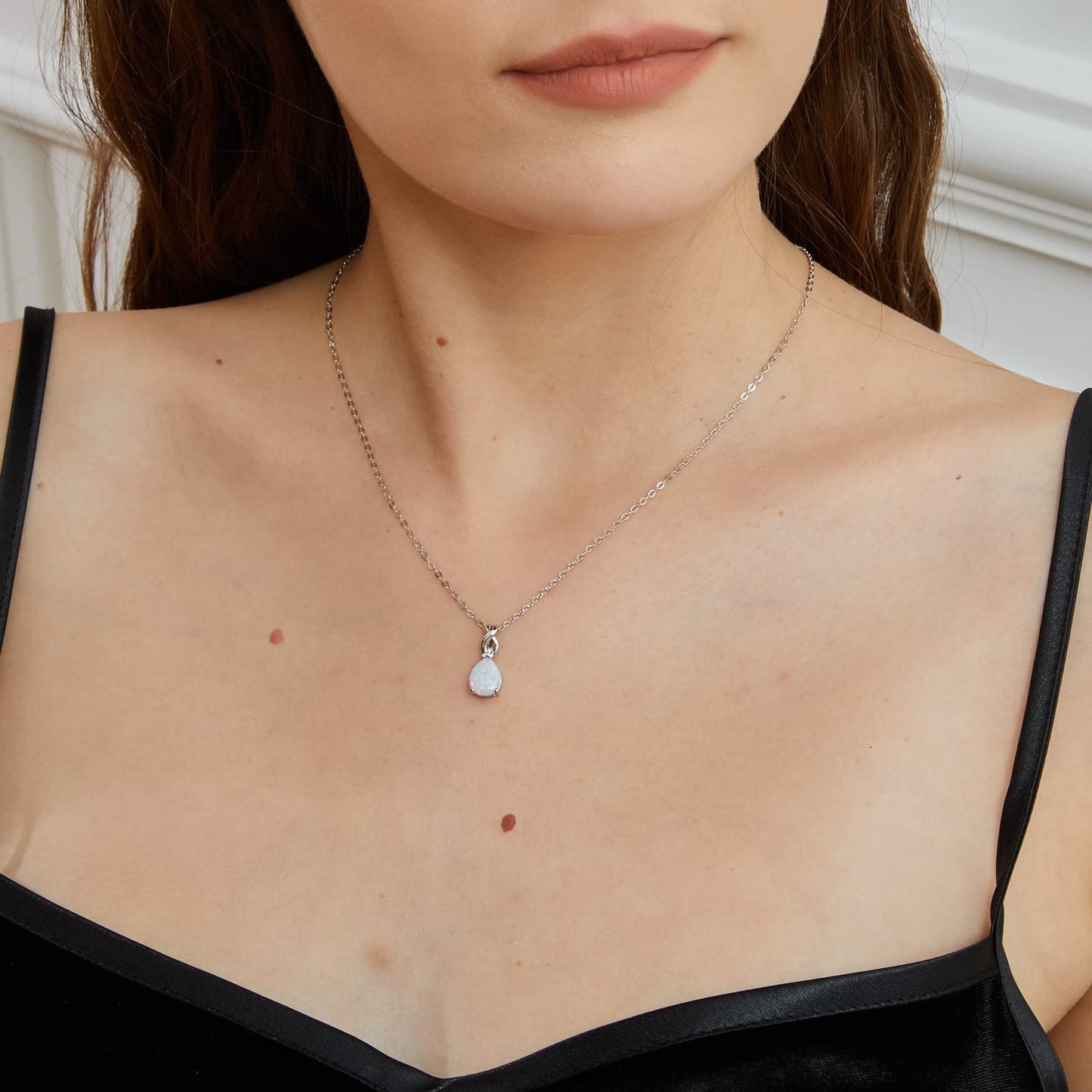 VOLUKA Created White Fire Opal Pendant Necklace for Women|8 * 10mm Teardrop October's Birthstone Gemstone Necklace|18K White Gold Plated Pear-Shaped Wedding Engagement Jewelry Gifts 19.5 inches