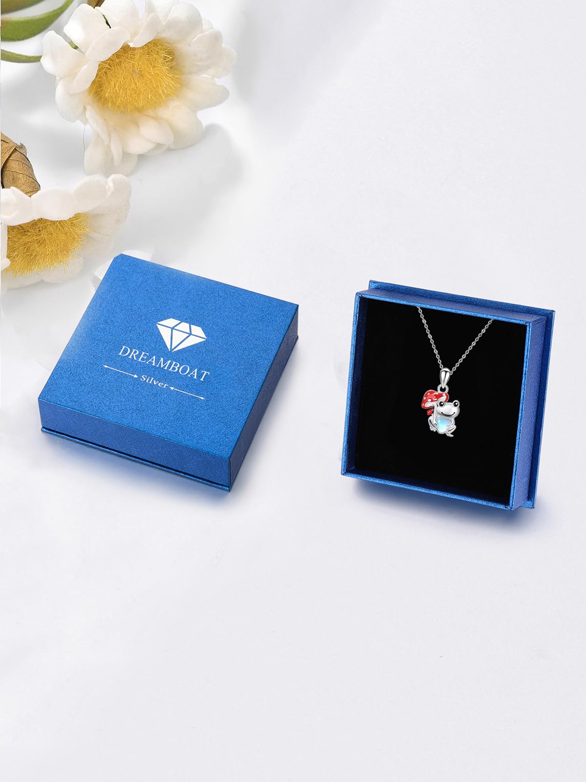 Dreamboat Frog Mushroom Pendant Necklace for Women 925 Sterling Silver Moonstone Animal Jewelry Gifts for Frogs Lovers