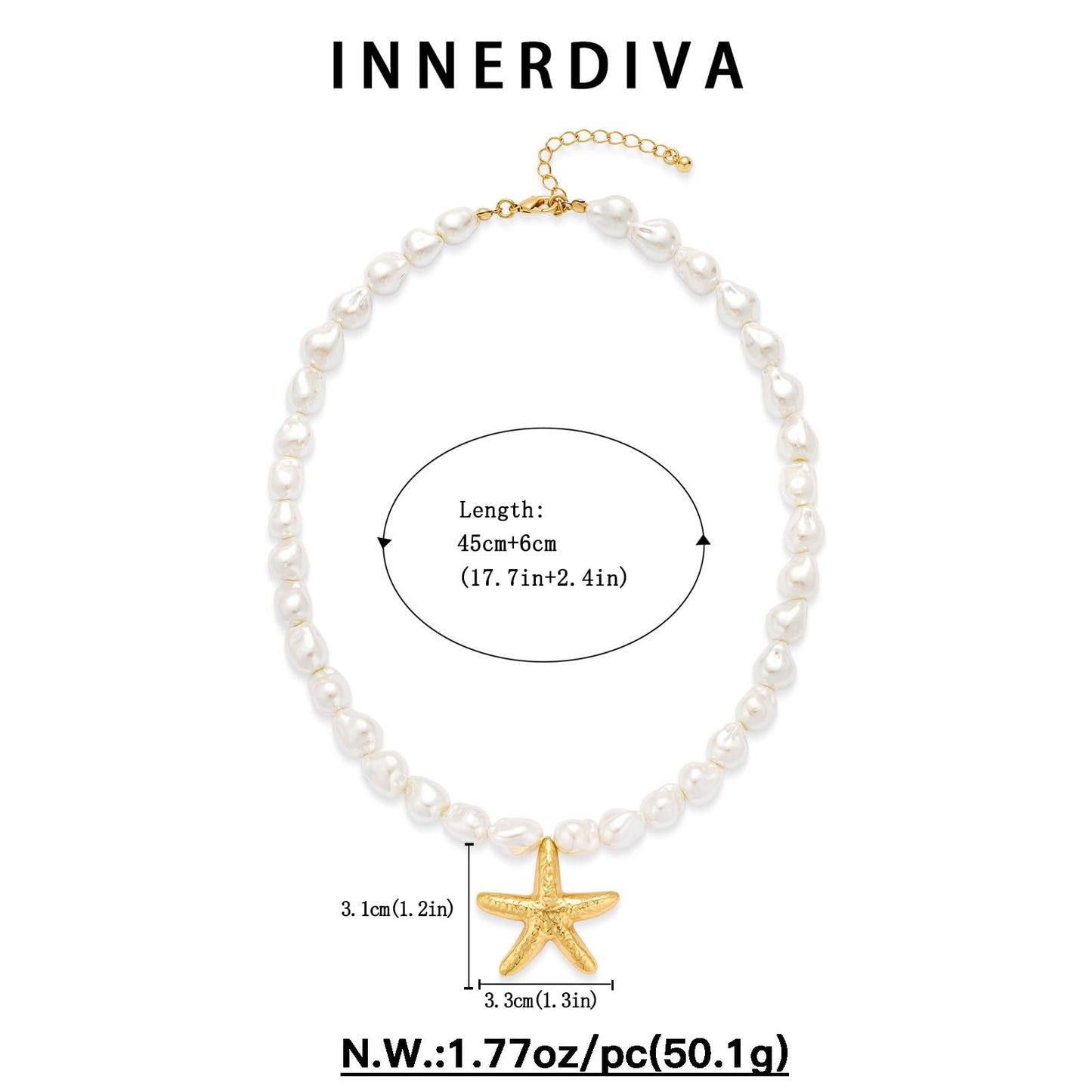 INNERDIVA Starfish Necklace for Women, Gold-Plated Pendant with White Baroque Pearl Beads Adjustable Beach Necklace Summer Coastal Jewelry Gifts