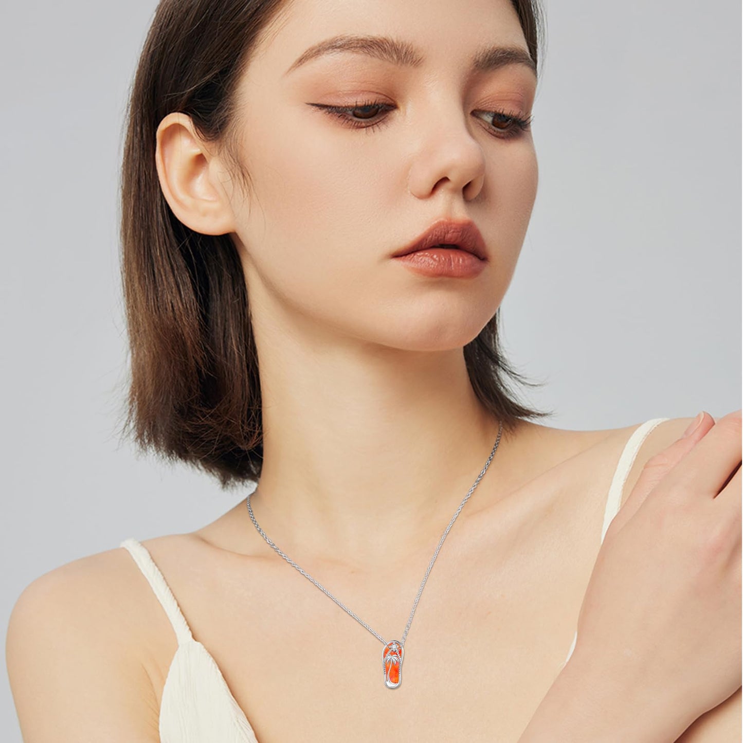Midir&Etain Fire Opal Flip Flop Necklace 925 Sterling Silver Beach Palm Tree Pendant Hawaiian Necklace Flip-Flop Beachy Fire Opal Jewelry for Women