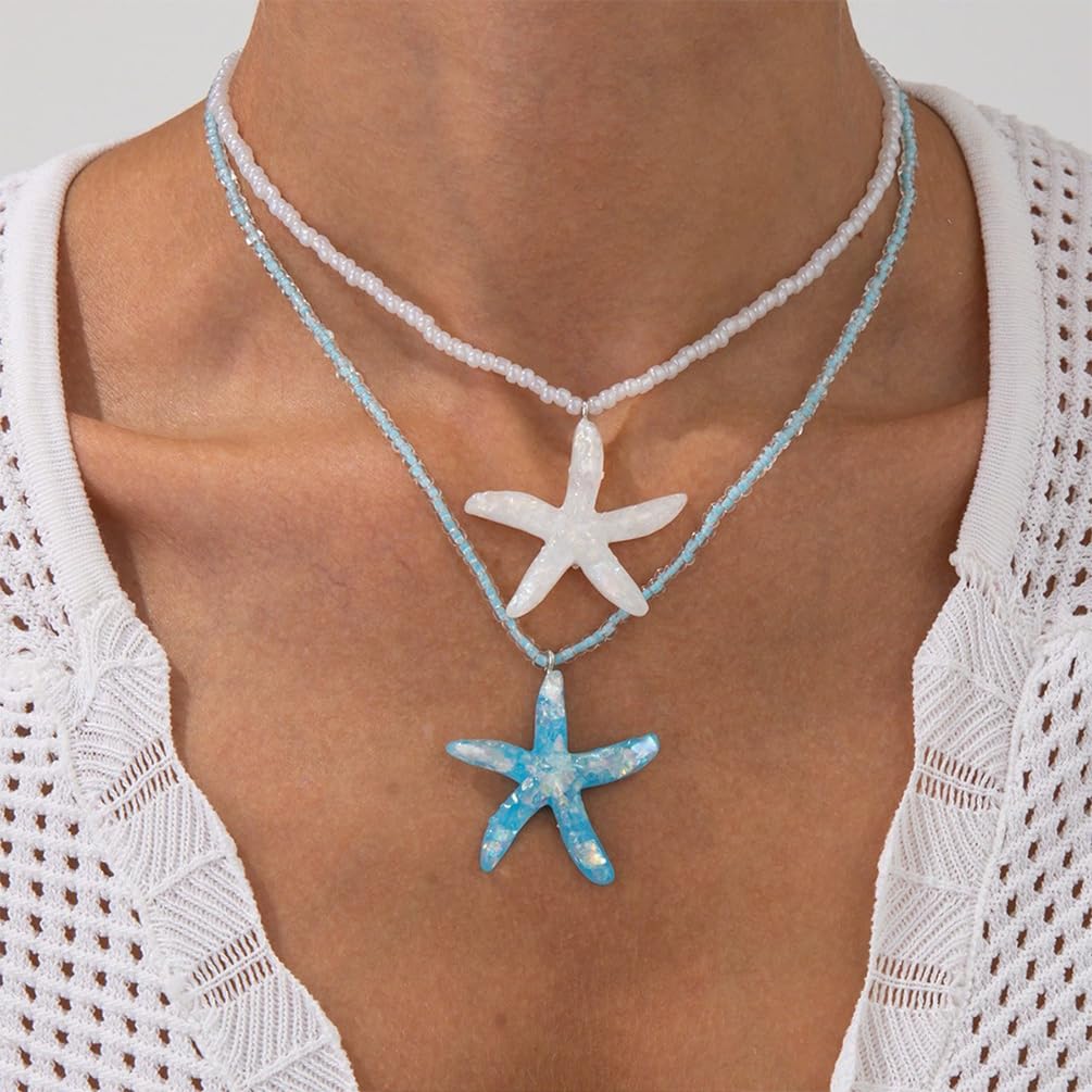 Douxsu 2Pcs Layered Boho White Blue Starfish Necklace for Women, Delicate Sea Star Pendant Hawaiian Small Beaded Chain Necklace Y2k Beach Ocean Beachy Jewelry (White-Blue)