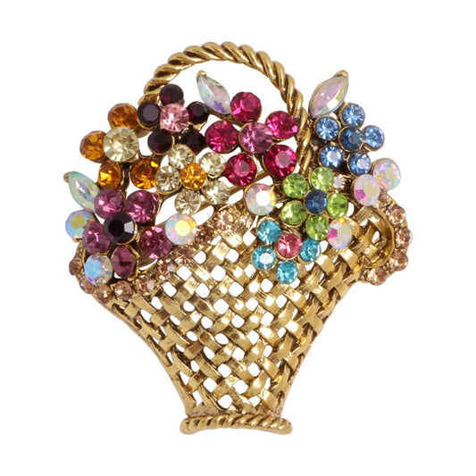 Rhinestone Flower Basket Brooch Pin for Women Girls Gold Plated Vintage Colorful Crystal Floral Brooches Lapel Pins Elegant Dress Accessories Jewelry Boutonniere Corsage for Hat Bag Gift Wedding