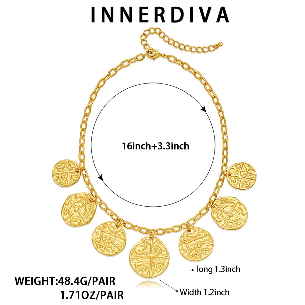 INNERDIVA Gold Chunky Charm Necklace Multiple Coin Pendant Necklace Summer Necklaces Beach Jewelry for Women Present