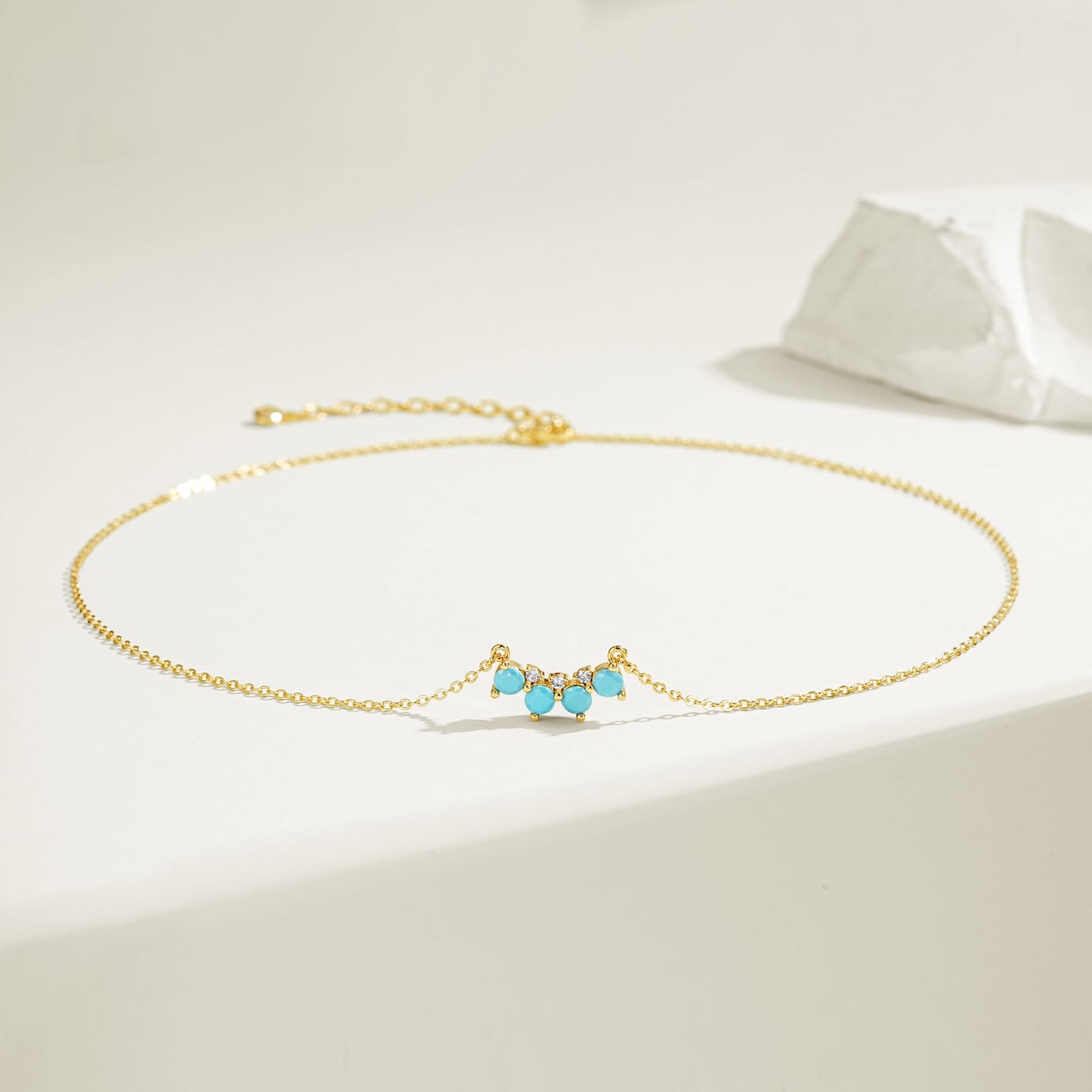 LOLAR RAY V-Shaped Turquoise Necklace 14K Gold Plated Gemstone & Cubic Zirconia Dainty Pendant Adjustable Chain Delicate Gift for Women