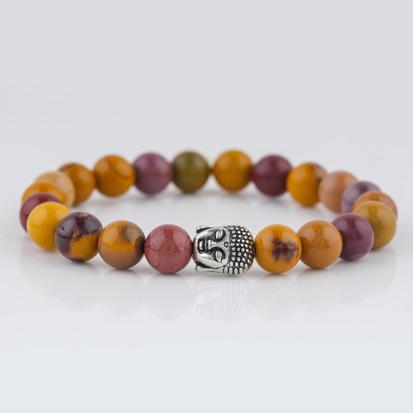 CRYSTALINES Buddha Charm Stretchable Braceclet, Natural Mookaite Gemstone Beads, Plain Round Stones, Handmade Boho Strech Bracelet, Adjustable Spiritual Healing Crystal Unisex Jewelry Gift