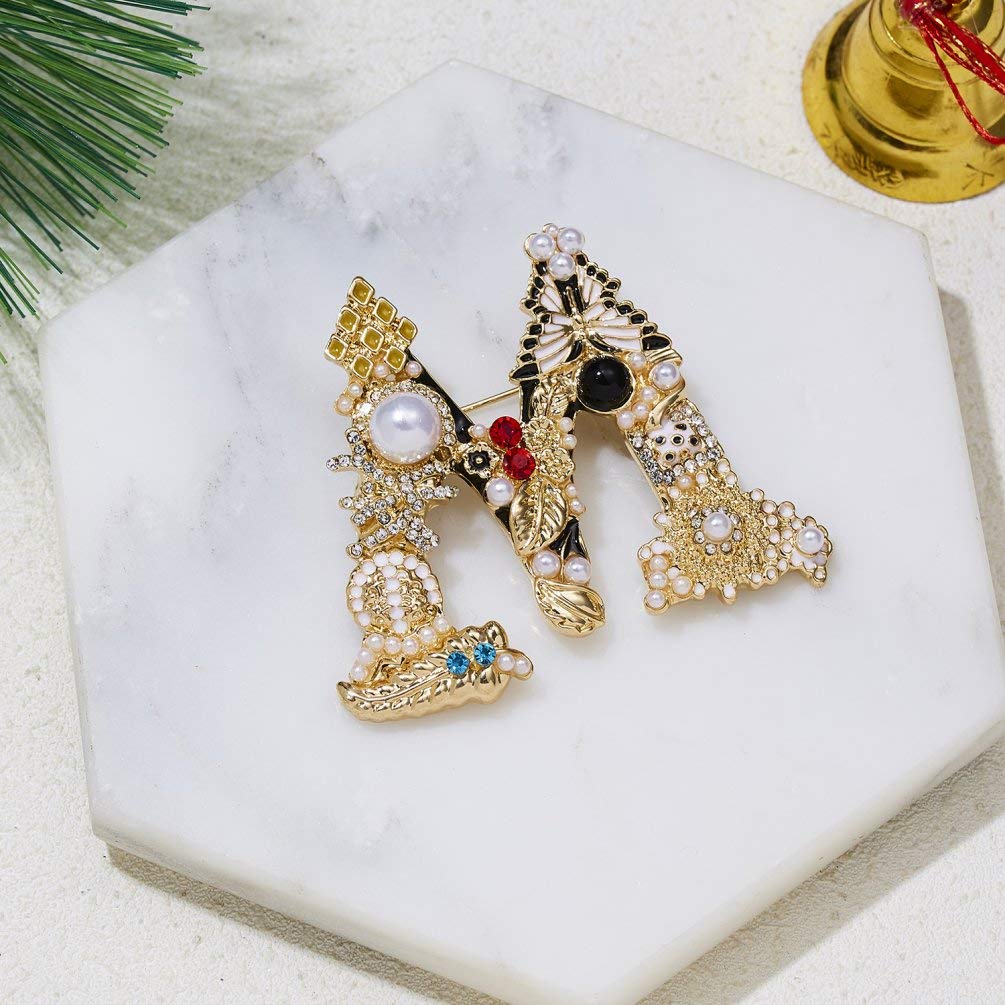 RINHOO Crystal Pearl Initial Brooch Gold Plated Enamel Colorful Letter Alphabet Breastpin Pin Jewelry for GIFTS (Letter -M)