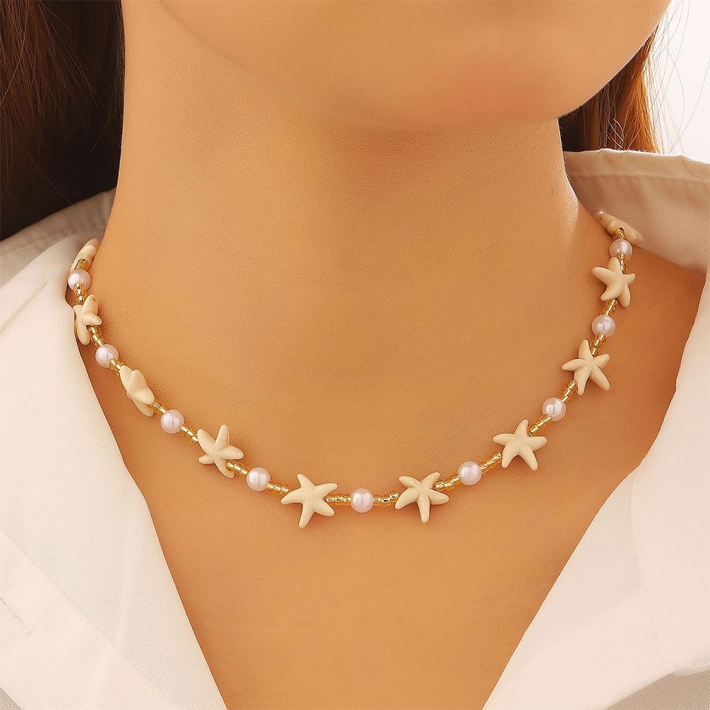 Dainty Starfish Pearl Beaded Choker Necklace, Layered Sea Shell Pearls Pendant Star Beads Necklaces for Women Chic Sweet Beach Coastal Party Jewelry Gift (Gold 1)
