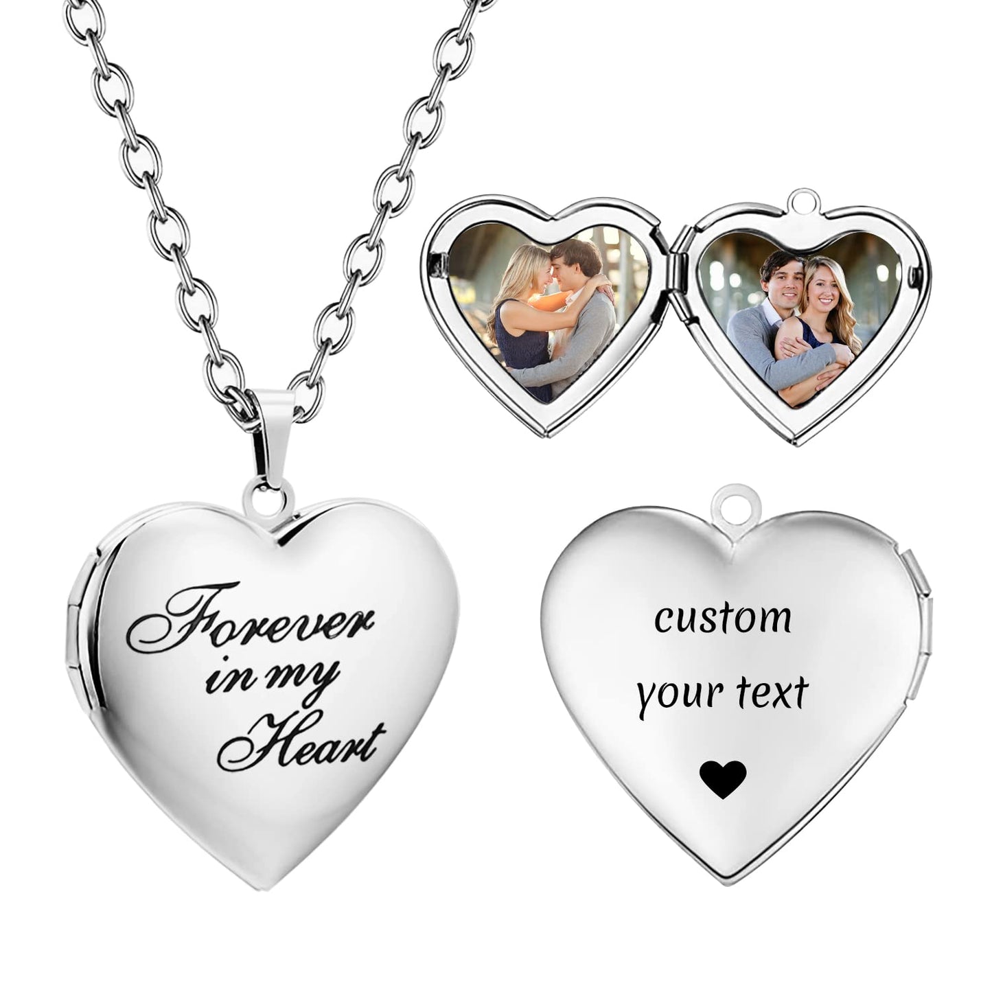 PHOCKSIN Forever In My Heart Custom Locket Necklaces Personalized Photo Heart Necklace with Picture Text & Symbols Engraved Customized Gifts for Women
