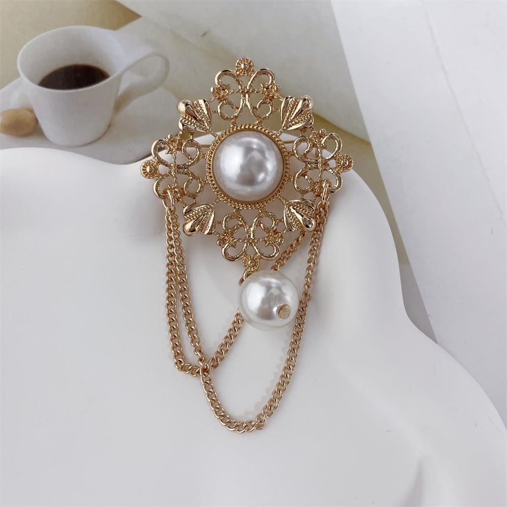 Vintage Round Simulated Pearl Filigree Flower Chain Tassel Brooches Lapel Pins for Women Party Dance Banquet Dainty Boho Dangle Drop Pin Dress Suit Clothes Accessories Jewelry (White)