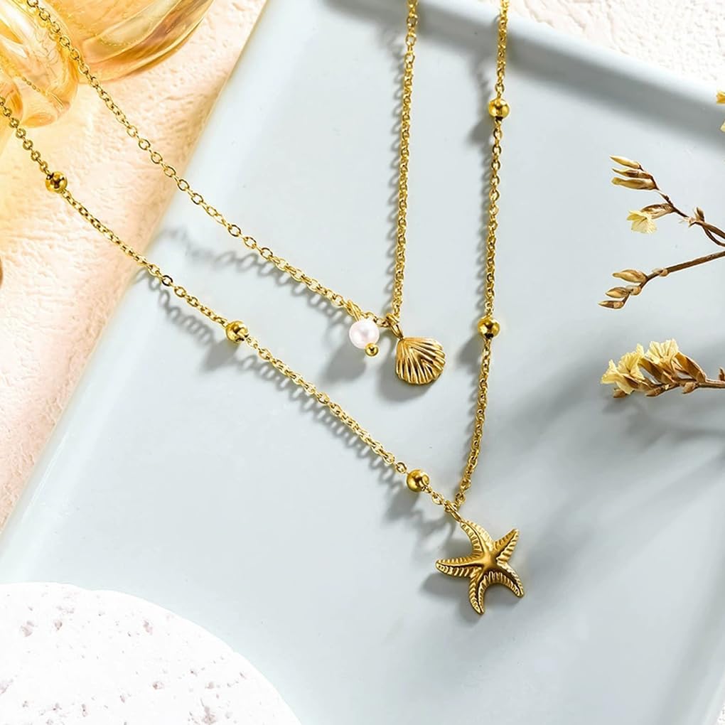 FUTIMELY Gold Shell Necklace Set,Boho Small Seashell Stacked Necklace for Women,Trendy Starfish Pendant Necklaces Beach Jewelry (Gold)
