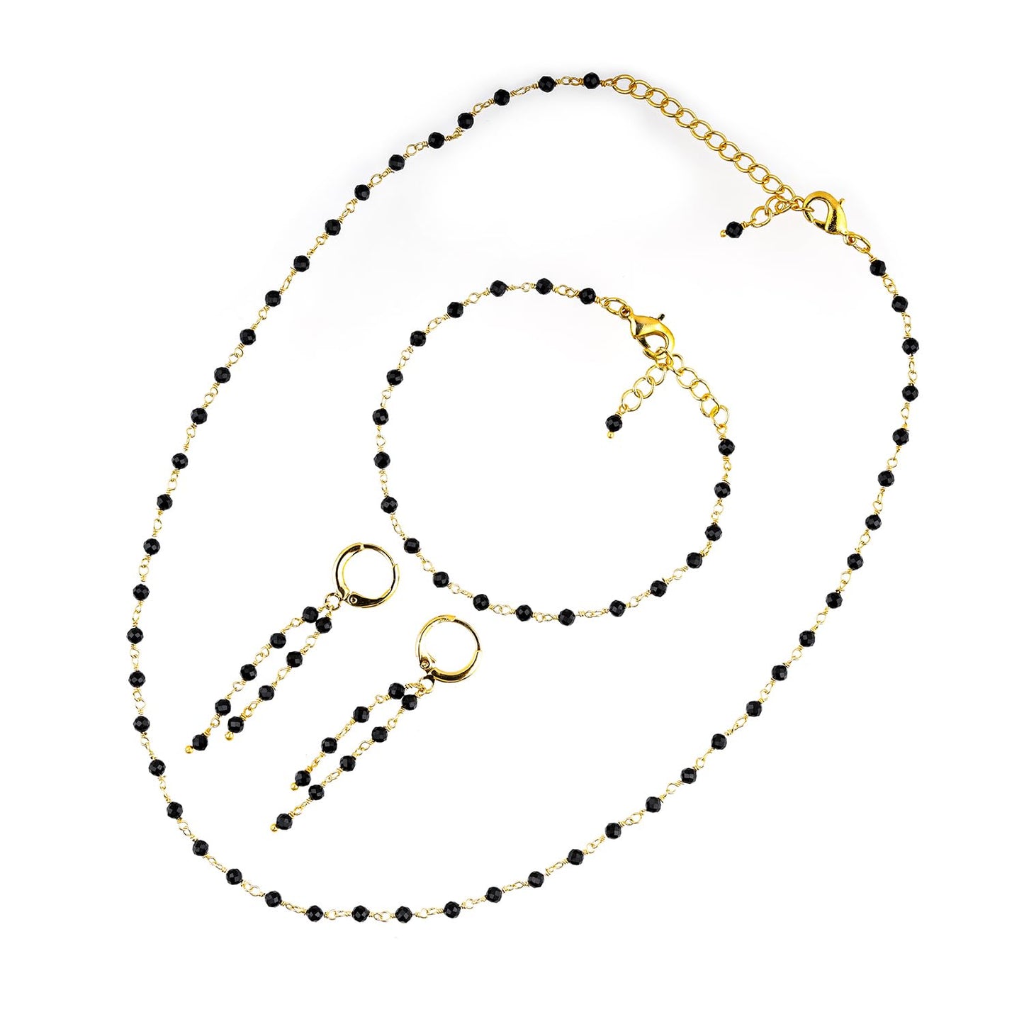 CRYSTALINES (3pcs) Natural Black Spinel Gemstone Cluster Combo Set, 14K Gold Plated Jewelry, Spinel Crystals Rosary Chain, Handmade Bohemian Jewelry - Bracelets, Necklace, Earrings for Women