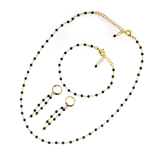 CRYSTALINES (3pcs) Natural Black Spinel Gemstone Cluster Combo Set, 14K Gold Plated Jewelry, Spinel Crystals Rosary Chain, Handmade Bohemian Jewelry - Bracelets, Necklace, Earrings for Women