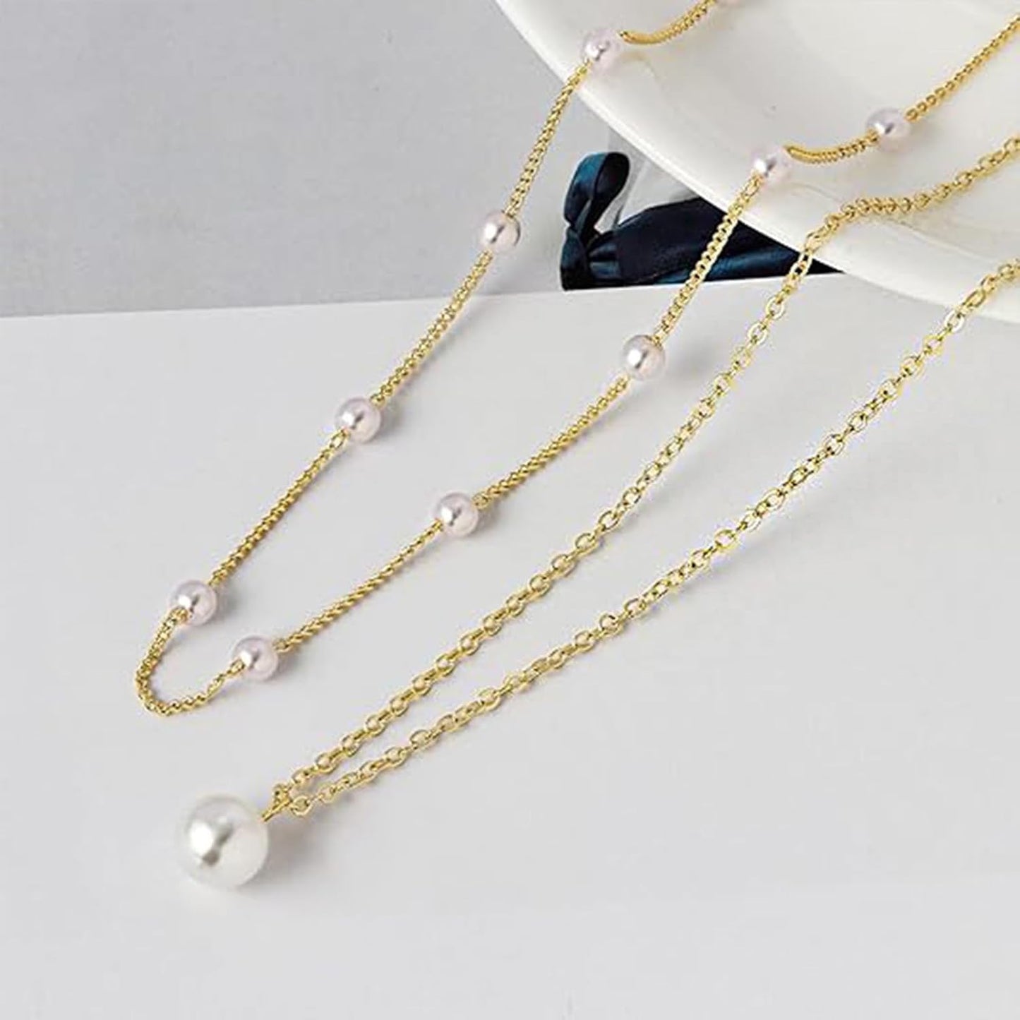 OGD Pearl Necklace for Women Layered Trendy 14K Gold Plated Dainty Pearl Pendant Choker Set Pearls Gold Necklace Stack Simple Cute Jewelry Gifts for Women