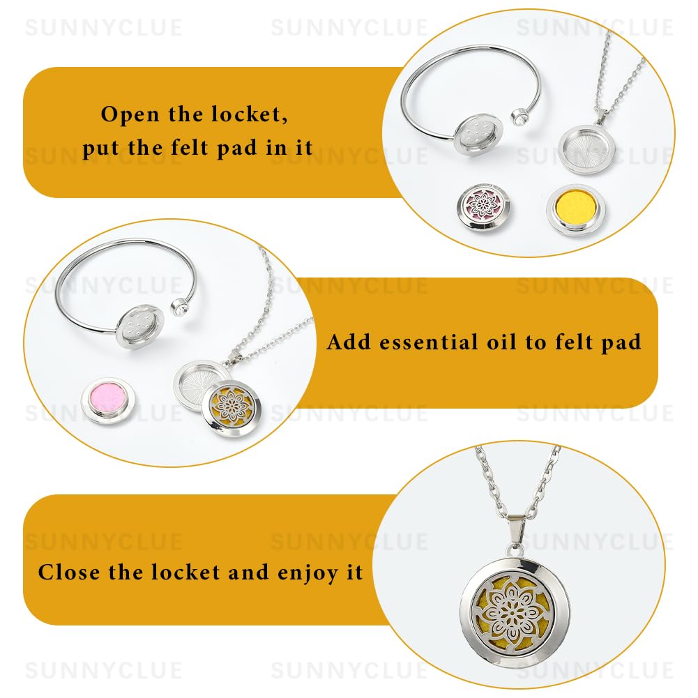 SUNNYCLUE 1Pc Essential Oil Diffuser Bracelet 1Pc Essential Oil Necklace with 10Pcs Refill Pads Flower Stainless Steel Necklaces Adjustable Cuff Bangles Aromatherapy Locket Bracelets for Women Gifts