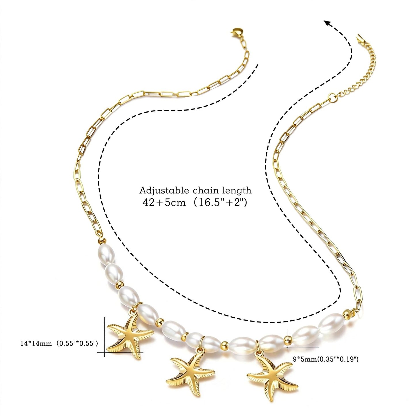 Starfish Necklace for Women: 14K Gold Plated 3-Piece Pendant with 10 Simulated Pearls on Stainless Steel Chain | Cute Boho Beach Jewelry Gift for Summer (Gold)
