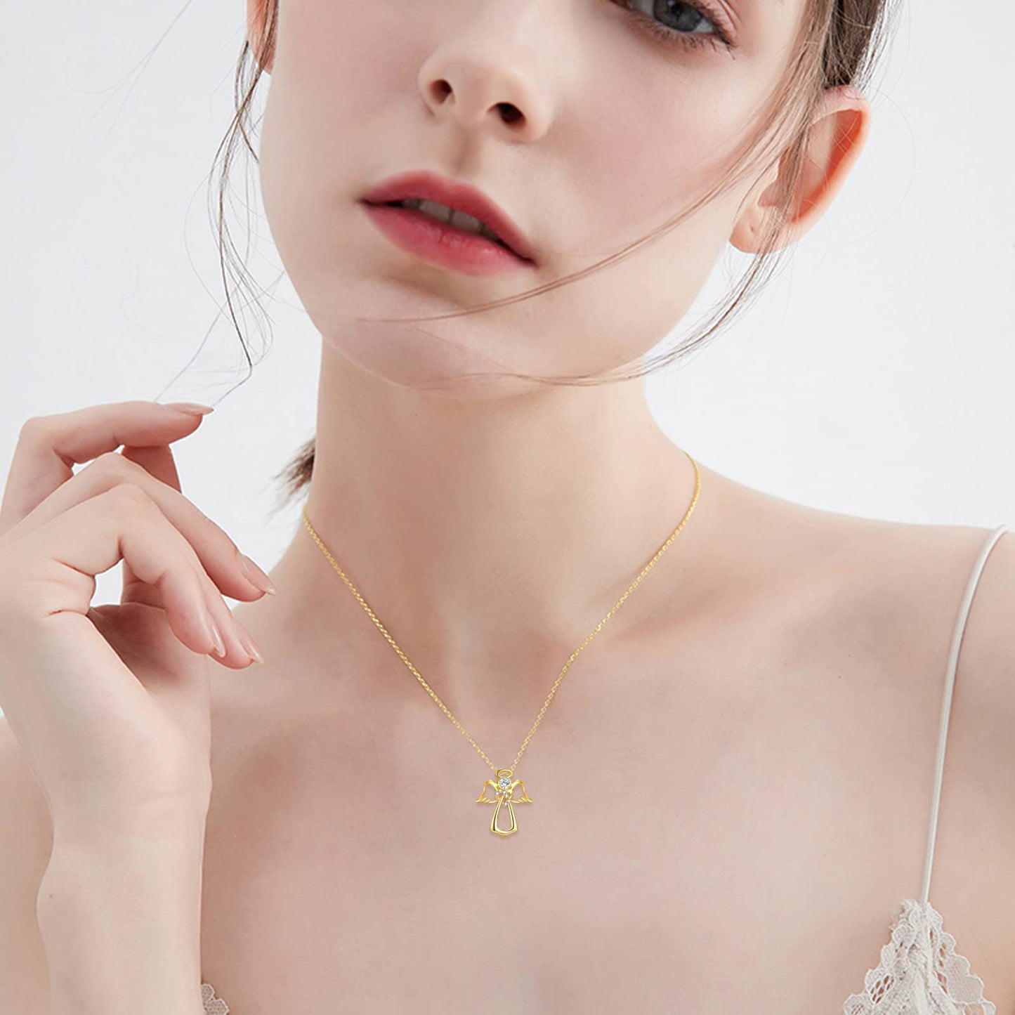 Yellow Gold Guardian Angel Necklace Heart Crystal Angel Wings Pendant Necklace Gift for Women Daughter Wife Girlfriend (Angel02)
