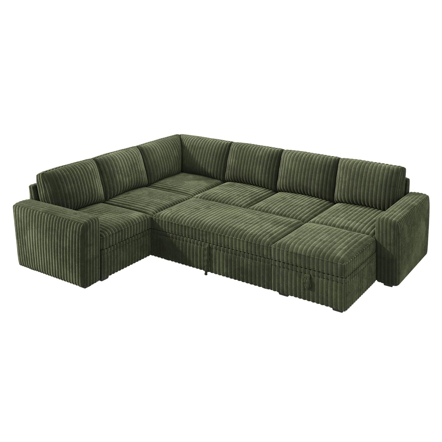 HONBAY Modular Sectional Sleeper Sofa with Pull Out Bed,Corduroy U Shaped Couch with Storage, Sectional Couches for Living Room,Green