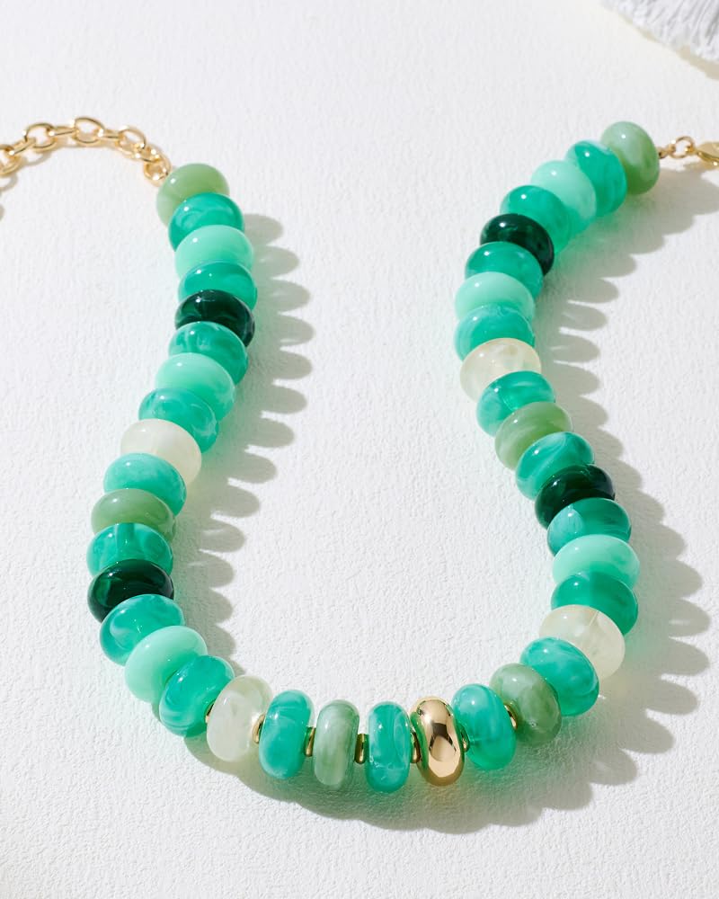 FAUTHENTICUTE Gradient Green Beaded Choker Necklace for Women Chunky Resin Bead Statement Necklace Trendy Boho Jewelry Gift For Beach Vacation