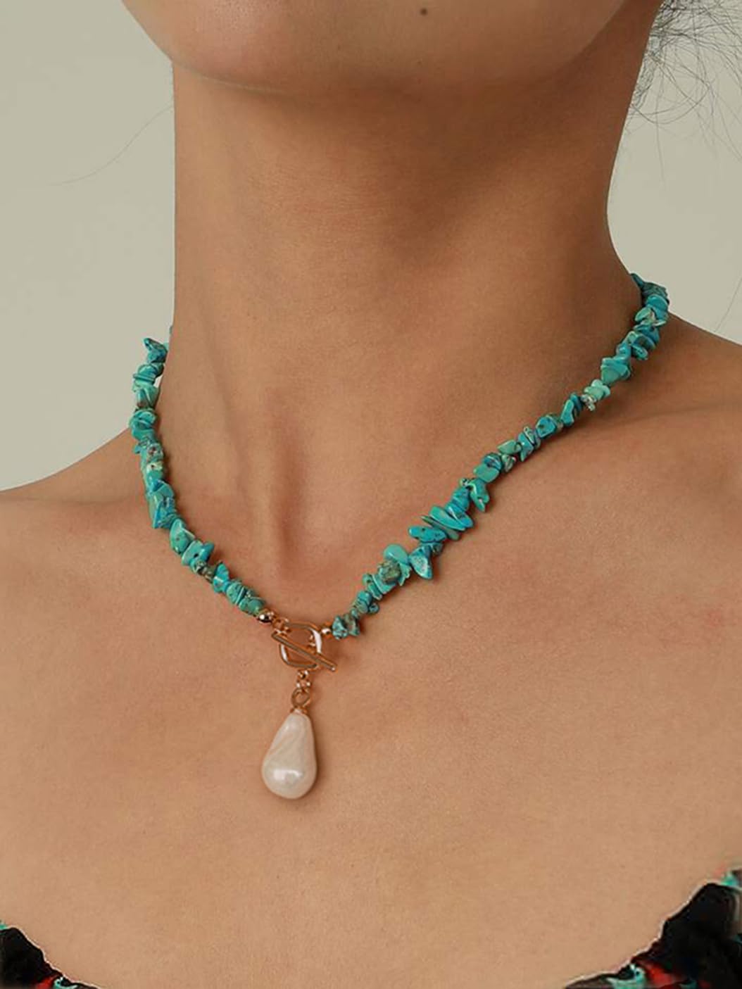 PEARLADA Boho Statement Turquoise Choker, Dainty Baroque Pearl Pendant Necklace, Trendy Turquoise Jewelry for Summer