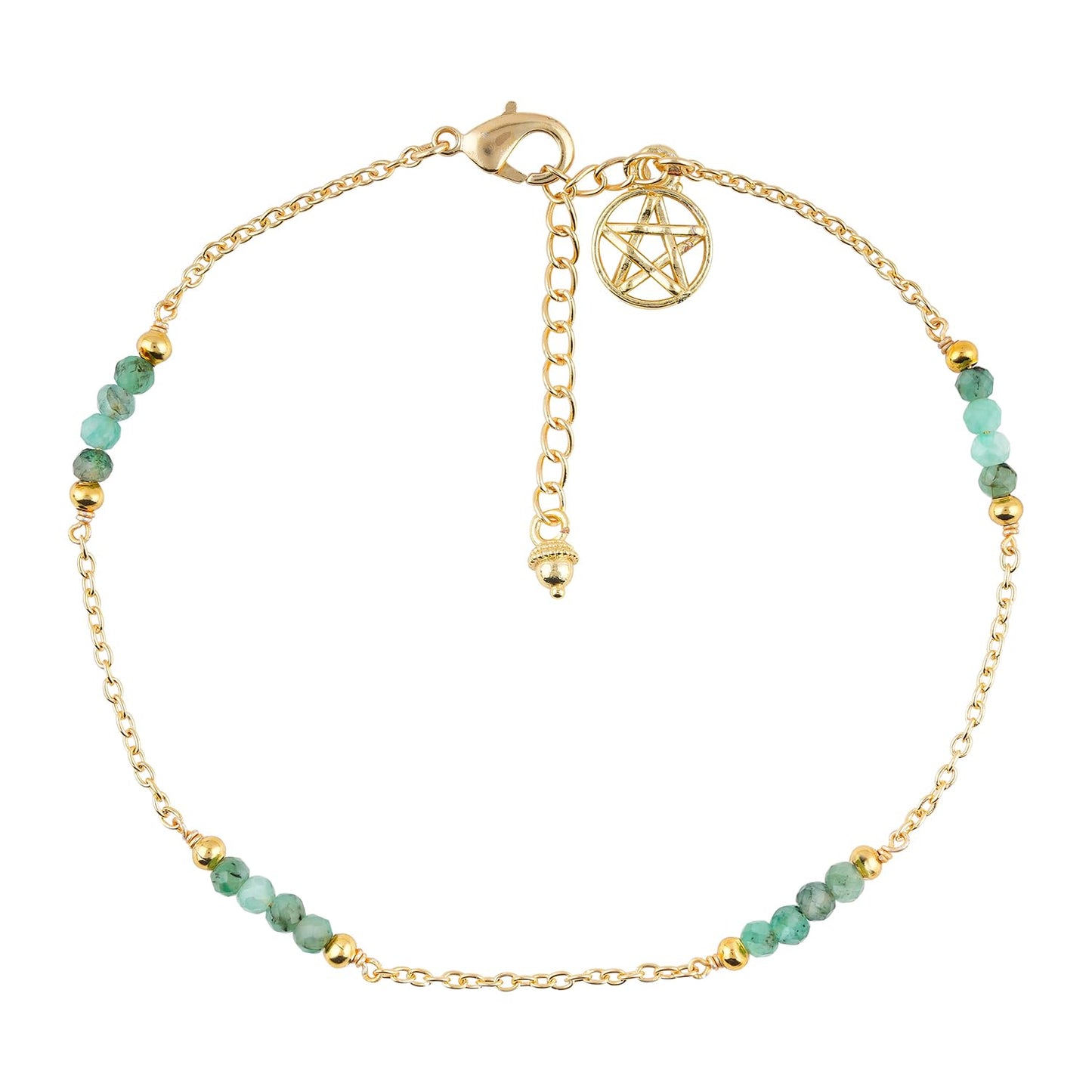 CRYSTALINES Natural Emerald Gemstone Beads, Handmade Station Dangle Star Charms Anklet, 14K Gold Plated, Adjustable Fashion Boho Jewelry for Women, Healing Crystals, Christmas Gift
