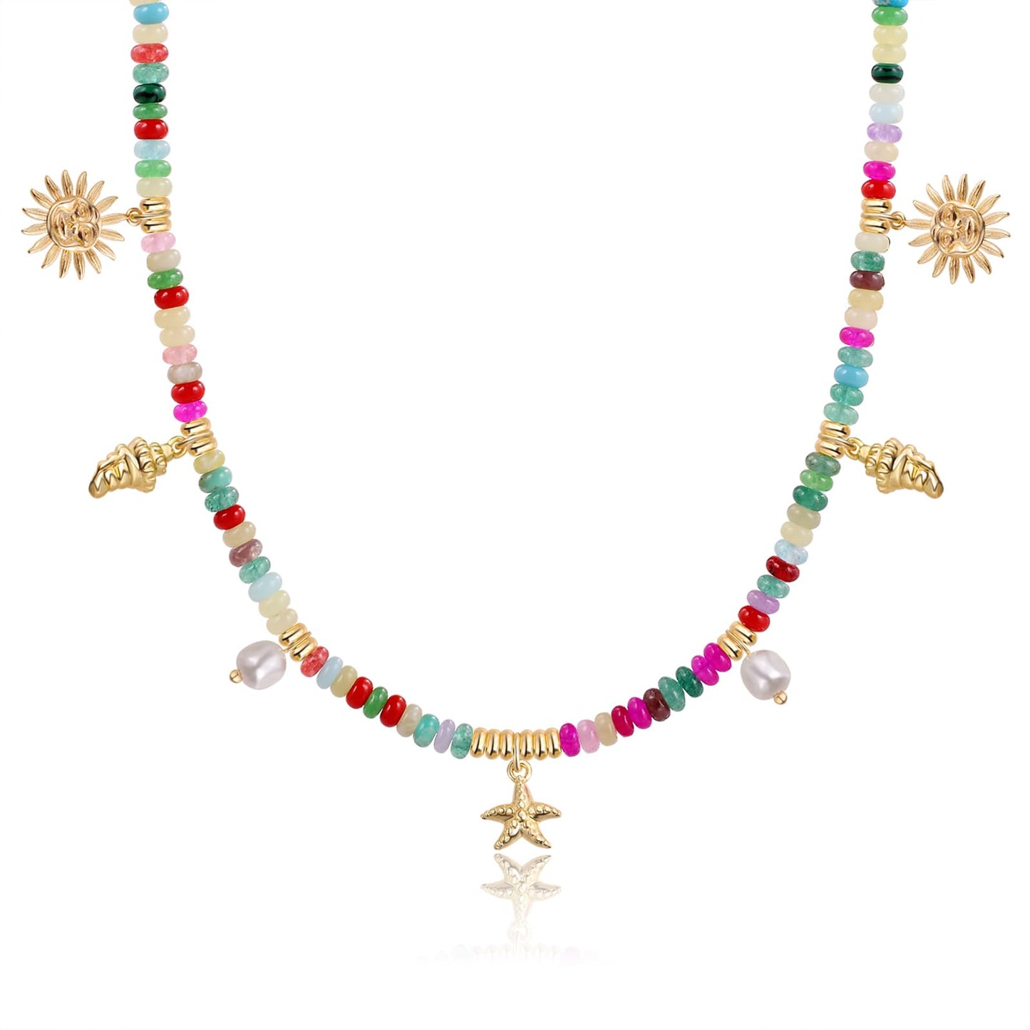 Charm Necklace for Women Colorful Beaded Gemstone Choker 14K Gold Beach Seashell Pearl Pendant Necklace Natural Stone Handmade Jewelry Gift
