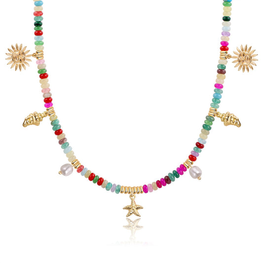 Charm Necklace for Women Colorful Beaded Gemstone Choker 14K Gold Beach Seashell Pearl Pendant Necklace Natural Stone Handmade Jewelry Gift