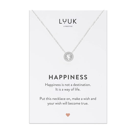 LUUK LIFESTYLE Feminine necklace with crystal rhinestone pendant, stainless steel and HAPPINESS gift card, chic jewelry, girlfriend, friendship present, Valentine’s Day, birthday, silver