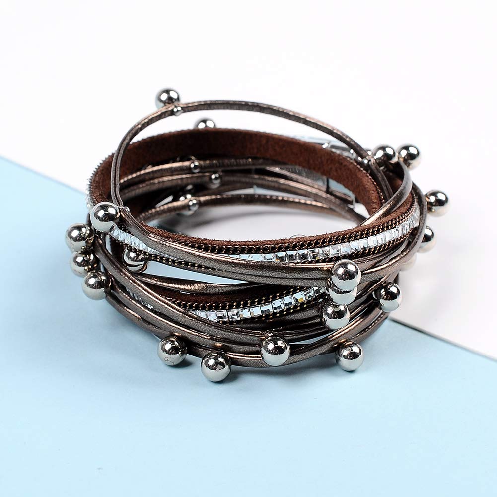Artilady Leather Wrap Bracelet for Women - Handmade Clasp Bangle Bracelet with Pearl Beads Crystal Wristbands Jewelry Gift for Ladies and Mother